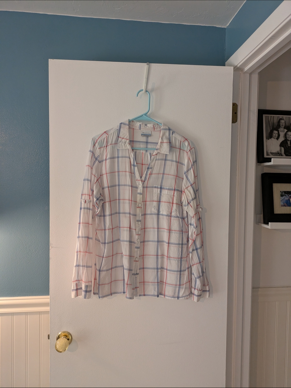 Columbia Women's White Plaid Button-Up Shirt with Red and Blue Lines